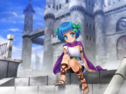 Rule 34 | 1girl, ankle lace-up, bike shorts, blue eyes, blue hair, cape, child, cross-laced footwear, day, dragon quest, dragon quest v, hair ribbon, hero&#039;s daughter (dq5), highres, matching hair/eyes, mutsuki (moonknives), ribbon, sandals, short hair, sitting, solo, square enix