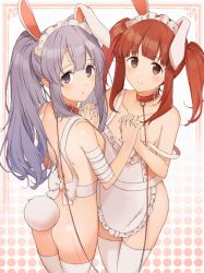 Rule 34 | 2girls, animal ears, apron, ass, bad id, bad pixiv id, bandaged arm, bandages, bandaid, bandaid on face, bandaid on forehead, bare shoulders, breasts, brown eyes, brown hair, closed mouth, collar, collarbone, commentary request, gradient background, grey eyes, grey hair, heart, heart-shaped pupils, highres, holding hands, idolmaster, idolmaster cinderella girls, idolmaster shiny colors, interlocked fingers, koishi (kiwi0314), leash, long hair, looking at viewer, looking back, maid headdress, medium breasts, multiple girls, naked apron, off shoulder, ogata chieri, polka dot, polka dot background, rabbit ears, rabbit tail, red collar, short hair, smile, symbol-shaped pupils, tail, thighhighs, twintails, white apron, white background, white legwear, yukoku kiriko