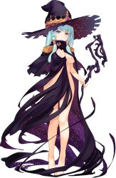 Rule 34 | 1girl, :o, aquaplus, barefoot, blue eyes, blue hair, blunt bangs, breasts, cape, cloak, dungeon travelers, dungeon travelers 2, eyebrows, feet, fiora marsh, full body, hat, highres, holding, holding staff, light blue hair, long hair, looking at viewer, naked cape, nude, official art, print headwear, sidelocks, solo, staff, standing, starry sky print, sumaki shungo, transparent background, witch hat