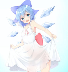 1girl :d alternate_costume bare_shoulders blue_bow blue_eyes blue_hair blush bow cirno commentary_request dress fang female_focus hair_bow ice ice_wings large_bow looking_at_viewer no_panties open_mouth sabana see-through_clothes short_hair skirt_hold sleeveless sleeveless_dress smile solo sundress touhou white_dress wings