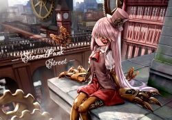 Rule 34 | 1girl, arch bridge, artificial eye, bug, building, butterfly, clock, clock tower, copyright name, cowboy shot, ascot, day, gears, hat, bug, long hair, mecha musume, mechanical butterfly, mechanical eye, mechanical hands, mechanical legs, outdoors, red eyes, red skirt, ryosios, silver hair, sitting, skirt, smile, smog, solo, steam punk street (game), steampunk, steampunk girl (ryosios), top hat, tower, very long hair