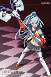 Rule 34 | 1girl, android, aqua hair, atlus, axe, battle axe, blue hair, highres, knee pads, labrys (persona), long hair, mineta naoki, miniskirt, persona, persona 4, persona 4: the ultimate in mayonaka arena, pleated skirt, ponytail, red eyes, school uniform, skirt, solo, very long hair, weapon