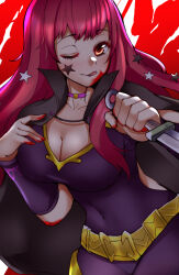 Rule 34 | 1340smile, 1girl, absurdres, bare shoulders, black cape, blood, blood on face, blush, bodysuit, breasts, cape, cleavage, clothing cutout, fire emblem, fire emblem engage, hair ornament, highres, large breasts, long hair, looking at viewer, medium breasts, nintendo, one eye closed, open mouth, red eyes, red hair, side cutout, simple background, smile, solo, star (symbol), star hair ornament, white background, yunaka (fire emblem)