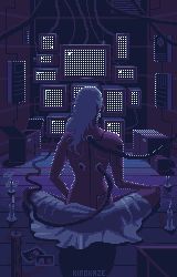Rule 34 | android, animated, artist name, box, candle, facing away, kirokaze, long hair, lowres, night, original, photo (object), pixel art, room, sitting, smoke, television, white hair, wire