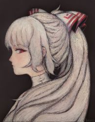 Rule 34 | 1girl, bow, closed mouth, commentary, fujiwara no mokou, grey hair, hair bow, highres, looking at viewer, oil pastel, ponytail, portrait, profile, red bow, red eyes, russian commentary, sideways glance, solo, svveetberry, touhou, traditional media, watercolor pencil (medium), white bow
