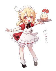 Rule 34 | 1girl, :d, absurdres, ahoge, alternate costume, apron, black bow, black bowtie, black footwear, blonde hair, blush, bow, bowtie, clover print, dress, flower, flower on head, frilled dress, frills, genshin impact, highres, holding, holding tray, honotai, jumpy dumpty, klee (genshin impact), looking at viewer, low twintails, maid, maid apron, maid headdress, mary janes, medium hair, open mouth, pointy ears, puffy short sleeves, puffy sleeves, red dress, red eyes, shoes, short sleeves, sidelocks, smile, socks, translated, tray, twintails, waist bow, white apron, white bow, white socks, wrist cuffs