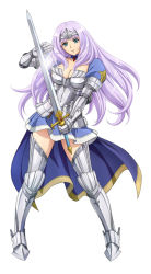 Rule 34 | 10s, 1girl, annelotte, annelotte (queen's blade), armor, armored dress, blue eyes, boots, breasts, cape, choker, cleavage, contrapposto, eiwa, forehead protector, gauntlets, greaves, knight princess annelotte, large breasts, legs, long hair, pauldrons, purple hair, queen&#039;s blade, queen&#039;s blade lost worlds, queen&#039;s blade rebellion, shoulder armor, skirt, solo, standing, thigh boots, thighhighs, thighs, zettai ryouiki