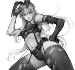 Rule 34 | 10s, 1girl, animal ears, belt, bikini, bikini top only, blonde hair, cameltoe, cleft of venus, cosplay, crossover, garter straps, greyscale, hand on own hip, imizu (nitro unknown), kantai collection, long hair, looking down, metal gear (series), metal gear solid v: the phantom pain, monochrome, quiet (metal gear), quiet (metal gear) (cosplay), rabbit ears, salute, shimakaze (kancolle), smile, solo, swimsuit, thighhighs, thong, torn clothes, torn thighhighs