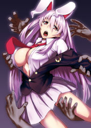 Rule 34 | 1girl, animal ears, arm grab, blazer, breasts, cleavage, female focus, grabbing, grabbing another&#039;s breast, groping, imminent rape, jacket, jony (avion mura), large breasts, leg grab, light purple hair, long hair, many hands, multigrope, multiple hands, necktie, no bra, off shoulder, open clothes, open mouth, open shirt, rabbit ears, red eyes, red necktie, reisen udongein inaba, shirt, sideboob, solo focus, touhou, very long hair