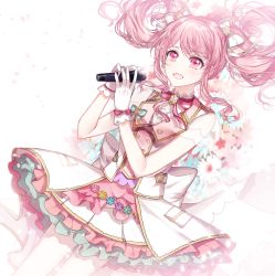 Rule 34 | 1girl, :d, back bow, bang dream!, blue flower, bow, dress, earrings, floral background, flower, flower earrings, gloves, green flower, hair flower, hair ornament, hair ribbon, holding, holding microphone, jewelry, long hair, looking at viewer, maruyama aya, microphone, neck ribbon, nennen, open mouth, overskirt, pink eyes, pink flower, pink hair, pink ribbon, pocket, purple flower, ribbon, see-through, see-through sleeves, short sleeves, sidelocks, smile, solo, striped ribbon, twintails, vest, white gloves, white ribbon, yellow flower