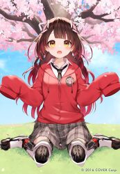 Rule 34 | 1girl, black necktie, brown hair, cherry blossoms, collared shirt, copyright notice, full body, gradient hair, hair ornament, highres, hololive, jacket, long hair, mechanical legs, momoshiki tsubaki, multicolored hair, necktie, official art, open mouth, plaid, plaid skirt, red hair, red jacket, roboco-san, shirt, sitting, skirt, sleeves past fingers, sleeves past wrists, solo, tree, virtual youtuber, wariza, yellow eyes