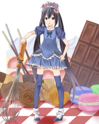 Rule 34 | 1girl, bad id, bad pixiv id, black hair, brown eyes, candy, checkered floor, chocolate, chocolate bar, cookie, dress, food, head wreath, highres, k-on!, long hair, macaron, mini person, minigirl, nakano azusa, needle (mm1983611), needle (needlebomb), needlebomb, oversized object, pretzel, puffy short sleeves, puffy sleeves, short sleeves, sweets, twintails, whisk