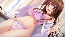 Rule 34 | 1girl, artist request, blush, bra, breasts, brown hair, cowboy shot, curtains, dutch angle, embarrassed, game cg, happening love!!, indoors, long hair, looking at viewer, navel, open mouth, panties, red eyes, shimizu haruka, solo, source request, standing, thighs, underwear, undressing, window