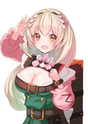 Rule 34 | 1girl, :d, arm up, bad id, bad pixiv id, blonde hair, bow, bowtie, breasts, brown eyes, cleavage, flower knight girl, green shirt, hairband, kusumoto miya, large breasts, long hair, looking at viewer, neck, no nose, open mouth, physostegia (flower knight girl), pink bow, pink sleeves, shirt, simple background, smile, solo, white background