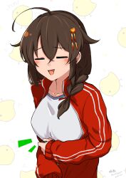 Rule 34 | 1girl, absurdres, ahoge, bird, blush, braid, breasts, brown hair, character name, chick, closed eyes, crossed bangs, dated, hair flaps, hair ornament, hair over shoulder, hair ribbon, highres, jacket, kantai collection, long hair, long sleeves, medium breasts, open mouth, red jacket, red ribbon, ribbon, shigure (kancolle), shigure kai ni (kancolle), shirt, simple background, single braid, solo, track jacket, twitter username, umibudou, upper body, white shirt