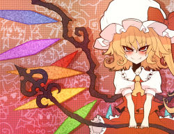 Rule 34 | 1girl, ascot, bad id, bad pixiv id, blonde hair, bow, collarbone, crystal, demekyon, fang, female focus, flandre scarlet, hat, hat bow, laevatein, laevateinn, puffy sleeves, red eyes, short hair, short sleeves, side ponytail, smile, solo, standing, touhou, weapon, wings