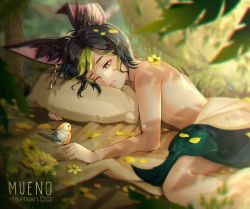 Rule 34 | 1boy, absurdres, animal ears, bare back, bird, bishounen, black hair, blurry, blurry background, blurry foreground, closed mouth, commentary, english commentary, flower, genshin impact, green eyes, highres, male focus, muenoart, multicolored hair, on finger, one eye closed, pillow, signature, sleeping bag, smile, solo, tighnari (genshin impact), topless male, two-tone hair