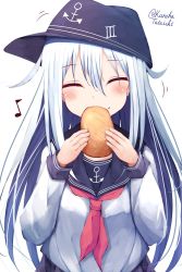 Rule 34 | 1girl, ^ ^, anchor symbol, black hat, black sailor collar, blush, closed eyes, eighth note, flat cap, food, food on face, hat, hibiki (kancolle), highres, holding, holding food, kantai collection, long hair, long sleeves, motion lines, musical note, neckerchief, pirozhki, red neckerchief, sailor collar, school uniform, serafuku, silver hair, simple background, solo, tateishi kureha, white background