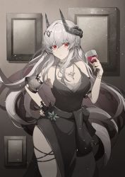Rule 34 | 1girl, absurdres, arknights, black dress, black gloves, breasts, cleavage, cowboy shot, cross, cross necklace, cup, demon horns, detached sleeves, dress, drinking glass, gloves, grey hair, hair between eyes, hair ornament, hand on own hip, highres, holding, holding cup, horns, jewelry, large breasts, long hair, looking at viewer, mudrock (arknights), mudrock (obsidian) (arknights), necklace, official alternate costume, partially fingerless gloves, picture frame, red eyes, short sleeves, single glove, solo, very long hair, wine glass, zhuoyan de saber
