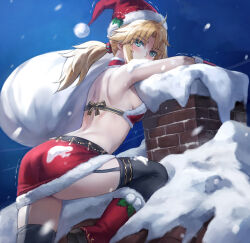 Rule 34 | 1girl, ass, blonde hair, braid, breasts, fate/apocrypha, fate (series), french braid, fur-trimmed headwear, fur trim, green eyes, hat, highres, long hair, looking at viewer, mordred (fate), mordred (fate/apocrypha), parted bangs, ponytail, red hat, revision, santa costume, santa hat, sidelocks, small breasts, solo, tonee