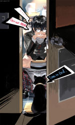 Rule 34 | 10s, 1boy, amamiya ren, black hair, cat, clothes pull, collar, emmmerald, english text, engrish text, gendou pose, glasses, hands clasped, light switch, morgana (persona 5), open door, own hands clasped, own hands together, pants, pants pull, persona, persona 5, ranguage, sweatdrop, toilet, toilet paper, toilet use, twitter username