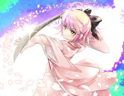 Rule 34 | 1girl, ahoge, black bow, blunt bangs, bow, fate/grand order, fate (series), hair bow, hair ornament, holding, holding weapon, japanese clothes, katana, kimono, koha-ace, light smile, looking at viewer, okita souji (fate), okita souji (koha-ace), outstretched arm, petals, pink hair, rori chuushin, short hair, solo, sword, weapon, wide sleeves, yellow eyes
