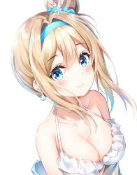 Rule 34 | 1girl, armpit crease, bare shoulders, bikini, blonde hair, blue eyes, blush, breasts, cleavage, closed mouth, collarbone, dana (hapong07), earrings, frilled bikini, frills, girls&#039; frontline, glint, hair between eyes, hair bun, hair intakes, hair ornament, hairband, highres, jewelry, large breasts, long hair, looking at viewer, official alternate costume, rabbit hair ornament, side bun, sidelocks, simple background, single hair bun, single side bun, smile, snowflake hair ornament, solo, suomi (girls&#039; frontline), suomi (midsummer pixie) (girls&#039; frontline), swimsuit, upper body, white background, white bikini