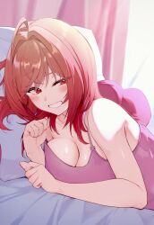 Rule 34 | 1girl, absurdres, ahoge, bed, breasts, cleavage, commentary request, highres, hololive, hololive dev is, ichijou ririka, inuinuo gataken, large breasts, long hair, on bed, orange eyes, orange hair, pillow, pink curtains, smile, virtual youtuber