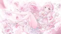 Rule 34 | 1girl, blue eyes, bow, cake, cup, dress, earrings, elbow gloves, flower, food, fork, gloves, hair bow, highres, himeno aimu, holding, holding cup, indie virtual youtuber, jewelry, long hair, noah (0noah), pink flower, pink hair, pink rose, rose, solo, strawberry shortcake, teacup, teapot, virtual youtuber, white bow, white dress, white footwear, white gloves