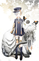 Rule 34 | 1boy, animal, closed mouth, clothed animal, colored eyelashes, commentary request, flower knot, full body, gokotai, gokotai&#039;s tigers, gold trim, hair over one eye, half-closed eye, high collar, highres, kiwame (touken ranbu), long sleeves, looking at viewer, male focus, military, military uniform, no freckles, pale skin, short shorts, shorts, single eye, sleeves past wrists, smile, solo, standing, tiger, tilted headwear, touken ranbu, uniform, wavy hair, white hair, white tiger, yellow eyes