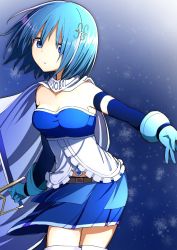 Rule 34 | 1girl, aabtcndneefkg, arm strap, belt, blue eyes, blue gloves, blue hair, blue skirt, blue sleeves, breasts, cape, cleavage, cowboy shot, detached sleeves, fortissimo, gloves, hair between eyes, hair ornament, highres, holding, holding sword, holding weapon, long sleeves, mahou shoujo madoka magica, mahou shoujo madoka magica (anime), medium breasts, midriff, miki sayaka, miniskirt, musical note, musical note hair ornament, short hair, sideboob, skirt, solo, standing, stomach, strapless, sword, thighhighs, weapon, white cape, zettai ryouiki