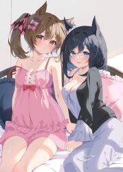 Rule 34 | 2girls, :&lt;, :d, absurdres, animal ears, bare arms, bare shoulders, black hair, black jacket, blue eyes, blush, bow, breasts, brown hair, camisole, cleavage, closed mouth, collarbone, dress, eishin flash (umamusume), etesumsom, frilled pillow, frills, hair between eyes, hair bow, highres, horse ears, jacket, long sleeves, medium breasts, multiple girls, off shoulder, on bed, open clothes, open jacket, open mouth, pillow, pink bow, pink camisole, pink shorts, purple bow, red bow, red eyes, short shorts, shorts, sitting, sleeveless, sleeveless dress, smart falcon (umamusume), smile, strap slip, twintails, umamusume, wide sleeves