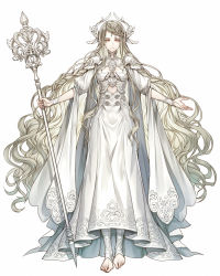 Rule 34 | 1girl, armor, barefoot, blonde hair, braid, closed mouth, dress, holding, holding staff, long hair, original, pauldrons, senano-yu, shoulder armor, simple background, solo, staff, standing, very long hair, white background, white dress, yellow eyes