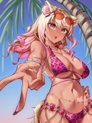 Rule 34 | 1girl, absurdres, animal ears, animal print, bare shoulders, belly chain, bikini, blonde hair, blue sky, blush, bracelet, breasts, cleavage, collarbone, dark-skinned female, dark skin, eyewear on head, fate/grand order, fate (series), fox ears, fox girl, fox tail, gradient hair, highres, jewelry, large breasts, leopard print, long hair, looking at viewer, multicolored hair, nail polish, navel, necklace, open mouth, outstretched arm, palm tree, pink bikini, pink hair, ratoona ab, sidelocks, sky, solo, sunglasses, suzuka gozen (fate), suzuka gozen (swimsuit rider) (fate), suzuka gozen (swimsuit rider) (second ascension) (fate), swimsuit, tail, tan, tree, v, variant set, yellow eyes