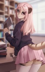 Rule 34 | animal ears, blurry, blurry background, book, cowboy shot, day, from behind, furry, furry female, highres, holding, holding book, indoors, iwbitu, library, looking at viewer, miniskirt, original, pink eyes, pink skirt, shirt, skirt, tail, thick eyebrows, thighhighs, tisa (galaxysound), white shirt, white thighhighs