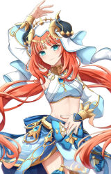 Rule 34 | 1girl, arm up, armpits, blue eyes, blue nails, blue skirt, brooch, commentary request, cowboy shot, crop top, fake horns, genshin impact, highres, horns, jewelry, long hair, long sleeves, midriff, nail polish, neck ring, nilou (genshin impact), red hair, simple background, skirt, solo, stomach, thighs, veil, very long hair, white background, zack (z kuu0720)