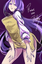 Rule 34 | 1girl, contrapposto, cowboy shot, dress, english text, hands on thighs, long sleeves, puffy long sleeves, puffy sleeves, purple eyes, purple hair, short dress, simple background, sketch, solo, standing, terrajin, thighs, touhou, tsukumo benben, twintails