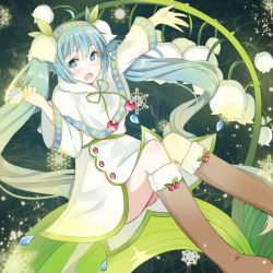 Rule 34 | 1girl, blue eyes, blue hair, blush, boots, capelet, cherry, dress, feet out of frame, flower, food, fruit, fur-trimmed boots, fur-trimmed capelet, fur trim, hair flower, hair ornament, hands up, hatsune miku, headband, knees together feet apart, knees up, leaf, long hair, outstretched arm, sitting, snowbell (flower), snowflake print, snowflakes, solo, swon (joy200892), twintails, very long hair, vocaloid, yuki miku