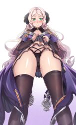Rule 34 | 1girl, absurdres, ass, black panties, blonde hair, blush, clothes lift, collar, from below, gluteal fold, granblue fantasy, green eyes, highres, jewelry, lifted by self, long sleeves, looking at viewer, mireille (granblue fantasy), panties, pendant, skirt, skirt lift, solo, thighhighs, underwear, wakkiau