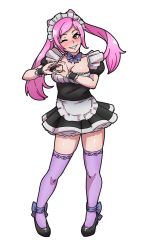 Rule 34 | 1girl, akairiot, alternate costume, alternate hair color, apron, bad id, bad tumblr id, blue thighhighs, breasts, brown eyes, cleavage, enmaided, fire emblem, fire emblem awakening, full body, head tilt, heart, heart hands, highres, maid, maid apron, maid headdress, nintendo, one eye closed, pink hair, robin (female) (fire emblem), robin (fire emblem), robin (male) (fire emblem), smile, solo, super smash bros., thighhighs, transparent background, twintails