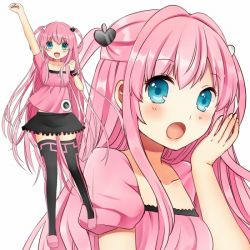 Rule 34 | 1girl, arm up, black thighhighs, blush, clarinet (natsumi3230), kurata rine, long hair, multiple views, open mouth, pink hair, simple background, skirt, smile, thighhighs, white background