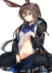 Rule 34 | 1girl, absurdres, amiya (arknights), animal ears, arknights, black jacket, blue eyes, blue neckwear, blue skirt, blush, brown hair, clothes lift, commentary, cowboy shot, hair between eyes, heart, heart tattoo, highres, jacket, jewelry, kanon (kanon kanon0770), lifted by self, long hair, long sleeves, midriff, miniskirt, navel, neck ring, open clothes, open jacket, panties, panty tug, parted lips, plaid, plaid skirt, pubic tattoo, rabbit ears, ring, shirt, shirt lift, sidelocks, simple background, skirt, skirt tug, solo, standing, stomach, tattoo, underwear, white background, white panties, white shirt