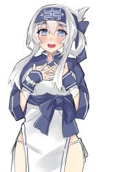Rule 34 | 1girl, absurdres, ainu clothes, bandages, blue eyes, commentary request, cowboy shot, cropped jacket, dokuganryuu, folded ponytail, fundoshi, hair between eyes, hand on own chest, headband, highres, japanese clothes, kamoi (kancolle), kantai collection, one-hour drawing challenge, open mouth, panties, pelvic curtain, round teeth, side-tie panties, sidelocks, simple background, solo, teeth, thick eyebrows, underwear, upper teeth only, white background, white hair, wrist guards