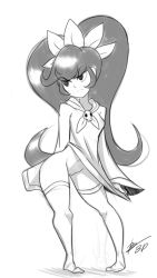 Rule 34 | 1girl, angry, ashley (warioware), big hair, bigdead, black eyes, black hair, cleft of venus, closed mouth, clothes pull, dress, dress pull, female focus, frown, full body, greyscale, hairband, highres, long hair, long sleeves, monochrome, navel, neckwear request, nintendo, no panties, pussy, sidelocks, sideways glance, simple background, sketch, skull, solo, standing, thighhighs, twintails, uncensored, v-shaped eyebrows, warioware, white background, witch