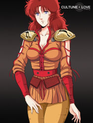 Rule 34 | 1980s (style), 1girl, armor, belt, blue eyes, breasts, cleavage, commentary request, english text, gradient background, highres, hokuto no ken, mamiya (hokuto no ken), mikimoto haruhiko (style), oldschool, portrait, pouch, red hair, retro artstyle, science fiction, shoulder armor, uniform, upper body, waeba yuusee