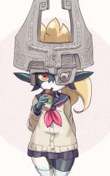 Rule 34 | 1girl, black legwear, black skirt, brown jacket, buttons, colored sclera, colored skin, cup, disposable cup, drinking, drinking straw, helmet, holding, holding cup, jacket, long hair, midna, miniskirt, multicolored skin, neckerchief, nintendo, one eye covered, orange hair, pointy ears, red eyes, red neckerchief, saburou (jako), school uniform, serafuku, shortstack, skirt, solo, the legend of zelda, the legend of zelda: twilight princess, two-tone skin, white background, yellow sclera