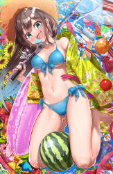 Rule 34 | 1girl, :d, absurdres, bare legs, between legs, bikini, blue bikini, blue eyes, blue hair, bottle, breasts, brown hair, bug, butterfly, candy apple, commentary request, fish, fishing rod, floral print, flower, food, fruit, gluteal fold, goldfish, gradient hair, halterneck, hat, highres, holding, holding bottle, holding fishing rod, innertube, insect, japanese clothes, kimono, long hair, looking at viewer, medium breasts, multicolored hair, navel, net, open clothes, open kimono, open mouth, original, print kimono, ramune, ribbon, shaved ice, side-tie bikini bottom, smile, solo, straw hat, summer, sunflower, swim ring, swimsuit, taiga (ryukyu-6102-8), teeth, two-tone hair, underboob, upper teeth only, watermelon, wind chime, yukata