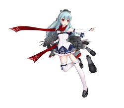Rule 34 | 1girl, absurdres, black footwear, blue hair, blue skirt, braid, cannon, clorraine, detached sleeves, fubuki (warship girls r), hair ornament, highres, holding, holding weapon, index finger raised, leg up, long hair, machinery, open mouth, outstretched arm, red eyes, red scarf, sailor collar, scarf, shoes, simple background, skirt, thighhighs, torpedo, warship girls r, weapon, white background, white thighhighs, zettai ryouiki