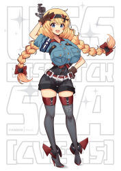 Rule 34 | 1girl, belt, blonde hair, bow, braid, breast pocket, breasts, buttons, chain belt, collar, commission, cross, gloves, gun, hair bow, headband, huge breasts, iron cross, kantai collection, long hair, looking at viewer, military, military vehicle, open mouth, original, personification, pocket, rudder footwear, salute, short sleeves, simple background, solo, thighhighs, twin braids, uniform, uss bismarck sea (cve-95), virus-g, weapon, zettai ryouiki