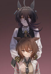 2girls agnes_tachyon_(umamusume) alternate_hairstyle animal_ears black_choker black_hair black_vest bow bowtie brown_hair buckwheat638478 chemical_structure choker coat collared_shirt ear_tag earrings evil_smile frown hair_between_eyes hairstyle_switch hand_on_another&#039;s_face hand_on_own_chest highres horse_ears horse_girl jewelry lab_coat long_bangs long_hair_between_eyes long_sleeves manhattan_cafe_(umamusume) medium_hair multicolored_hair multiple_girls necktie parted_lips purple_bow purple_bowtie red_background red_eyes sailor_collar sailor_shirt school_uniform shaded_face shirt sidelocks simple_background single_earring smile sweatdrop tracen_school_uniform umamusume vest white_coat white_hair white_sailor_collar white_shirt wolf_cut worried yellow_eyes yellow_necktie yuri